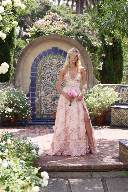 Alexa | Peach Tapestry Wedding Guest Dress