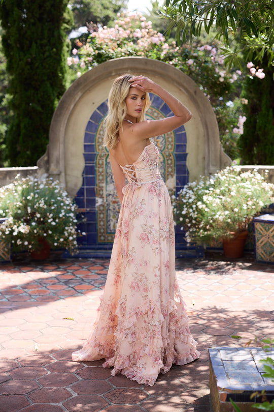 Alexa | Peach Tapestry Wedding Guest Dress