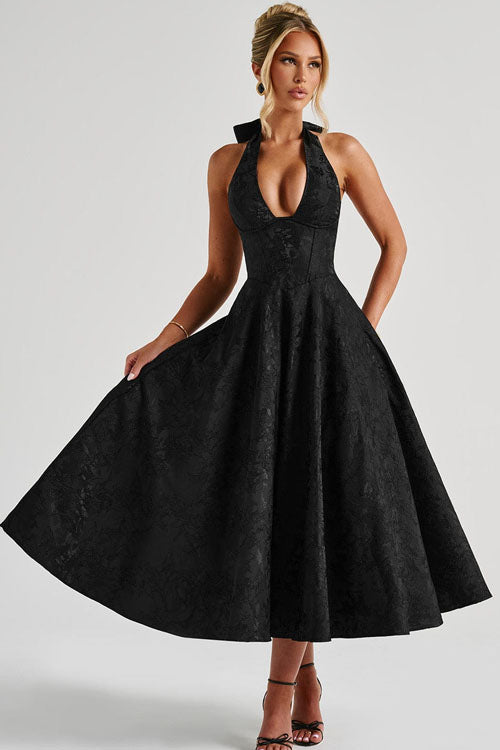 Genevieve | Jacquard Halter Wedding Guest Dress
