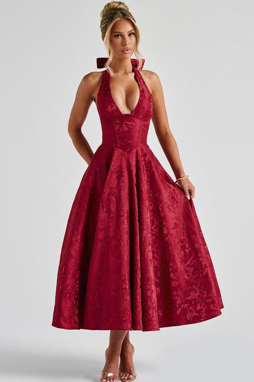Genevieve | Jacquard Halter Wedding Guest Dress