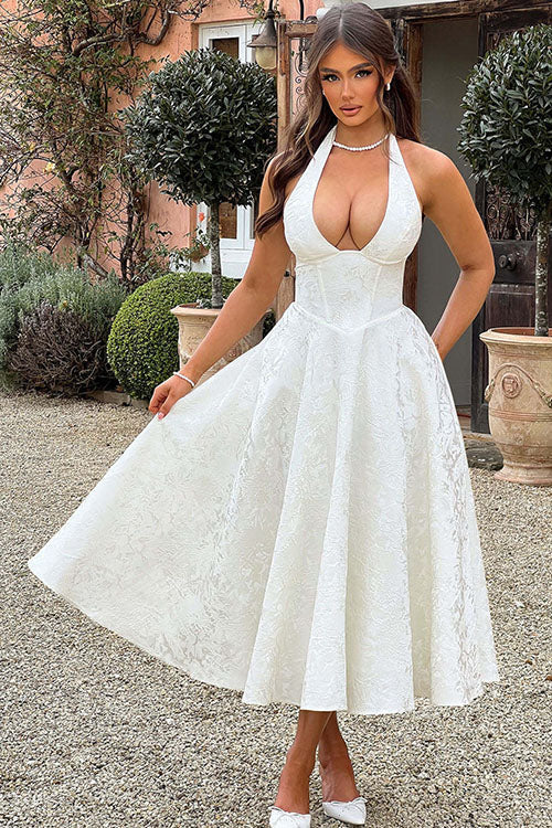 Genevieve | Jacquard Halter Wedding Guest Dress