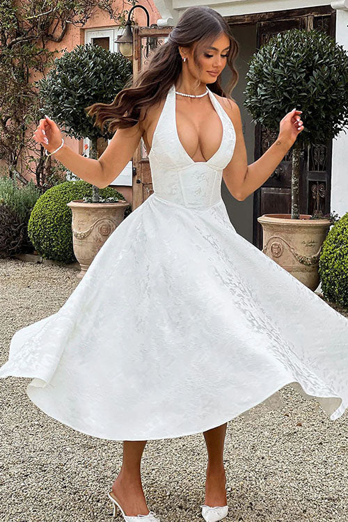 Genevieve | Jacquard Halter Wedding Guest Dress