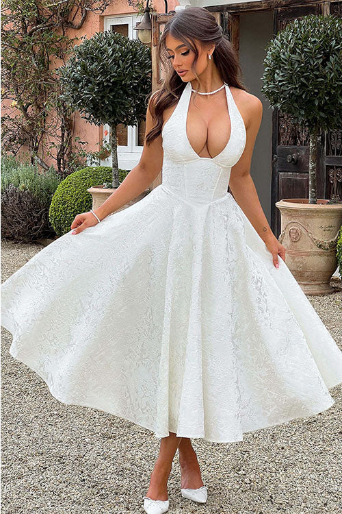 Genevieve | Jacquard Halter Wedding Guest Dress