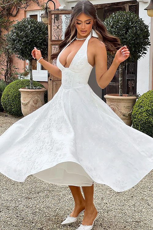 Genevieve | Jacquard Halter Wedding Guest Dress