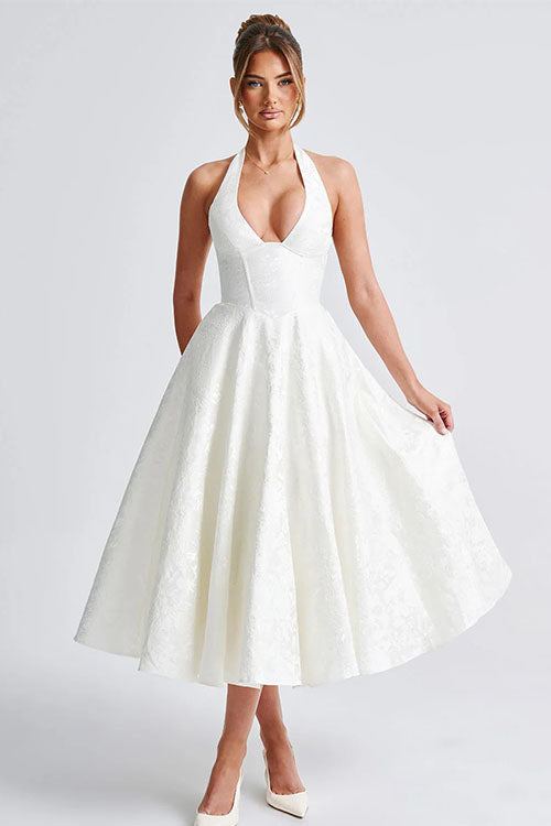 Genevieve | Jacquard Halter Wedding Guest Dress