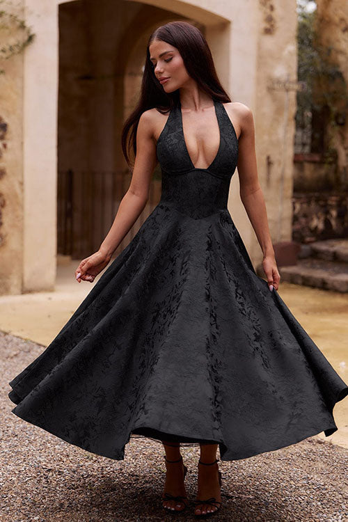 Genevieve | Jacquard Halter Wedding Guest Dress