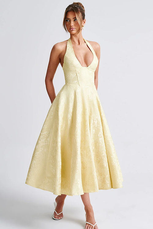 Genevieve | Jacquard Halter Wedding Guest Dress