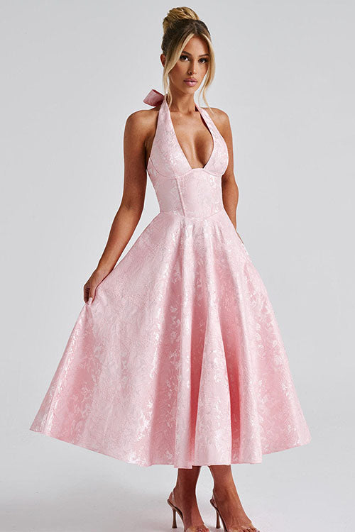 Genevieve | Jacquard Halter Wedding Guest Dress
