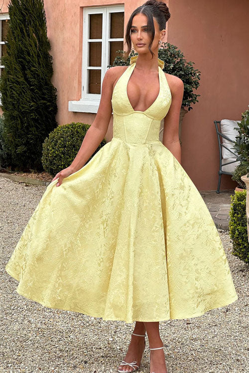 Genevieve | Jacquard Halter Wedding Guest Dress