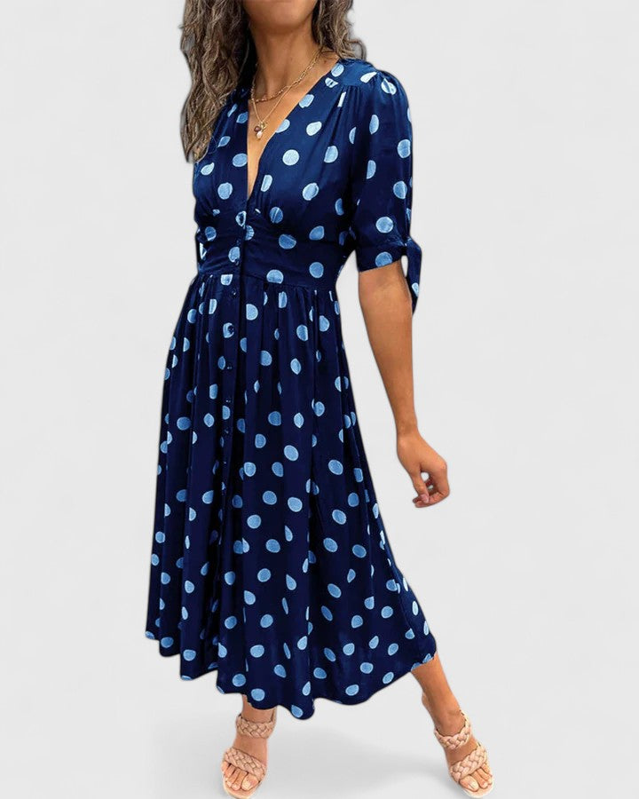 Colette | Sophisticated Polka Dot Midi Dress