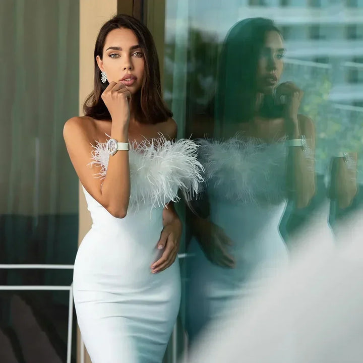 Ariana | Strapless Feather Wedding Guest Dress