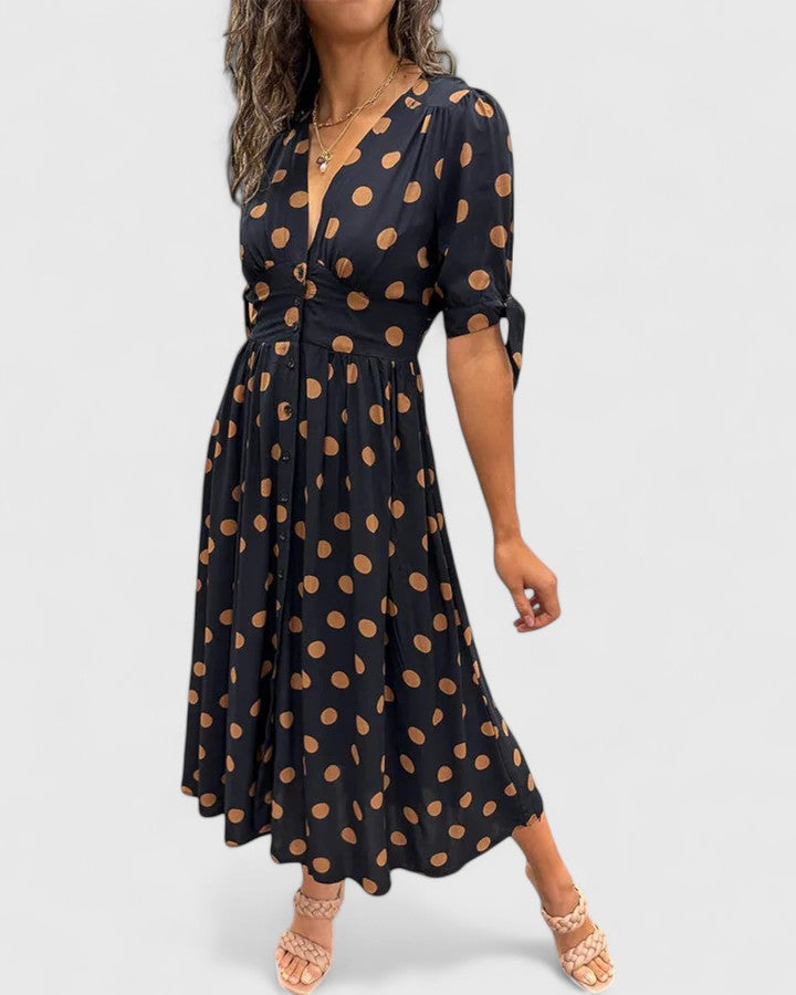 Colette | Sophisticated Polka Dot Midi Dress