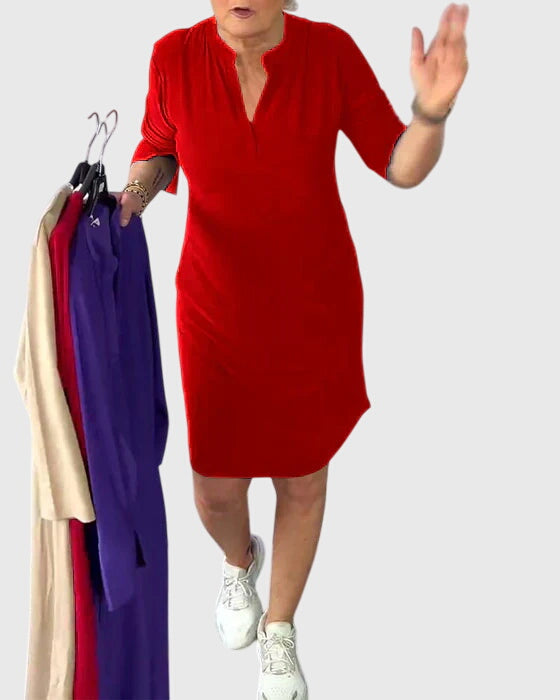 Katherine | Solid V-Neck Midi Dress