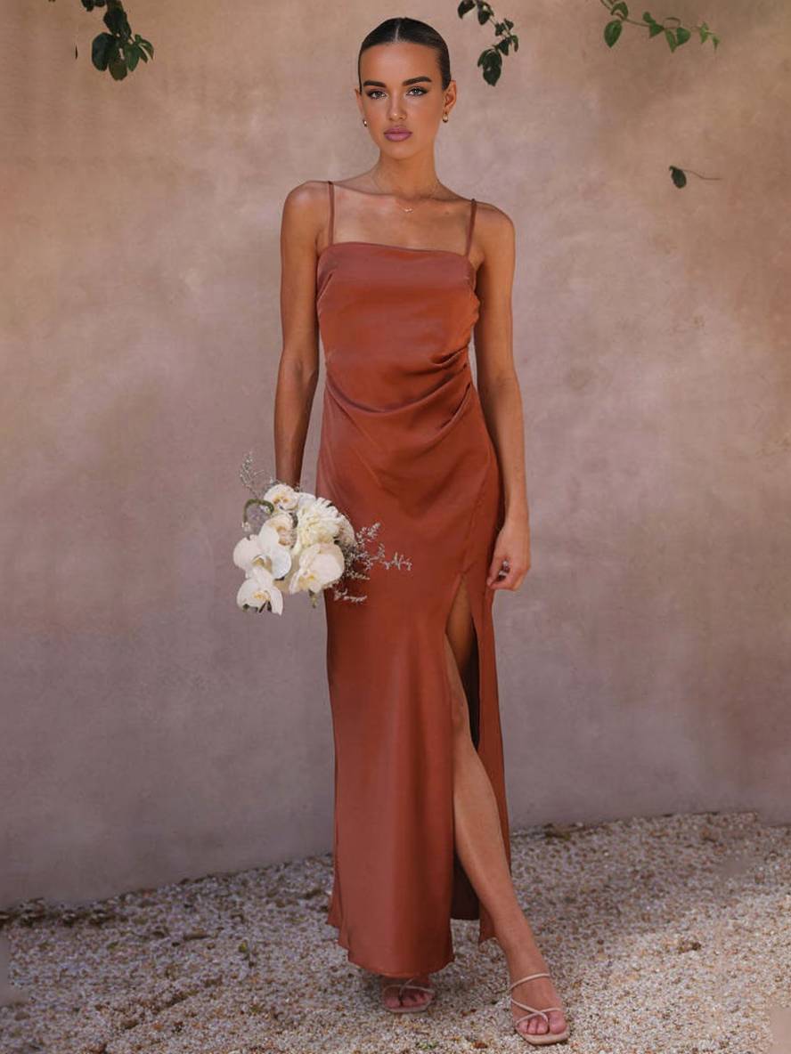 Kira | Satin Slit Wedding Guest Dress