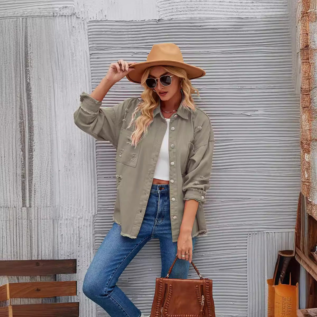 Ashley | Oversized Distressed Denim Jacket
