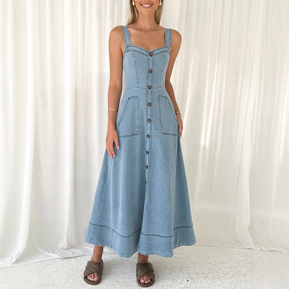 Olivia | Button Detail Maxi Denim Dress