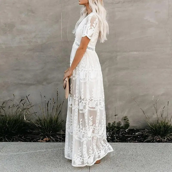 Natalie | Lace Sleeve White Maxi Dress